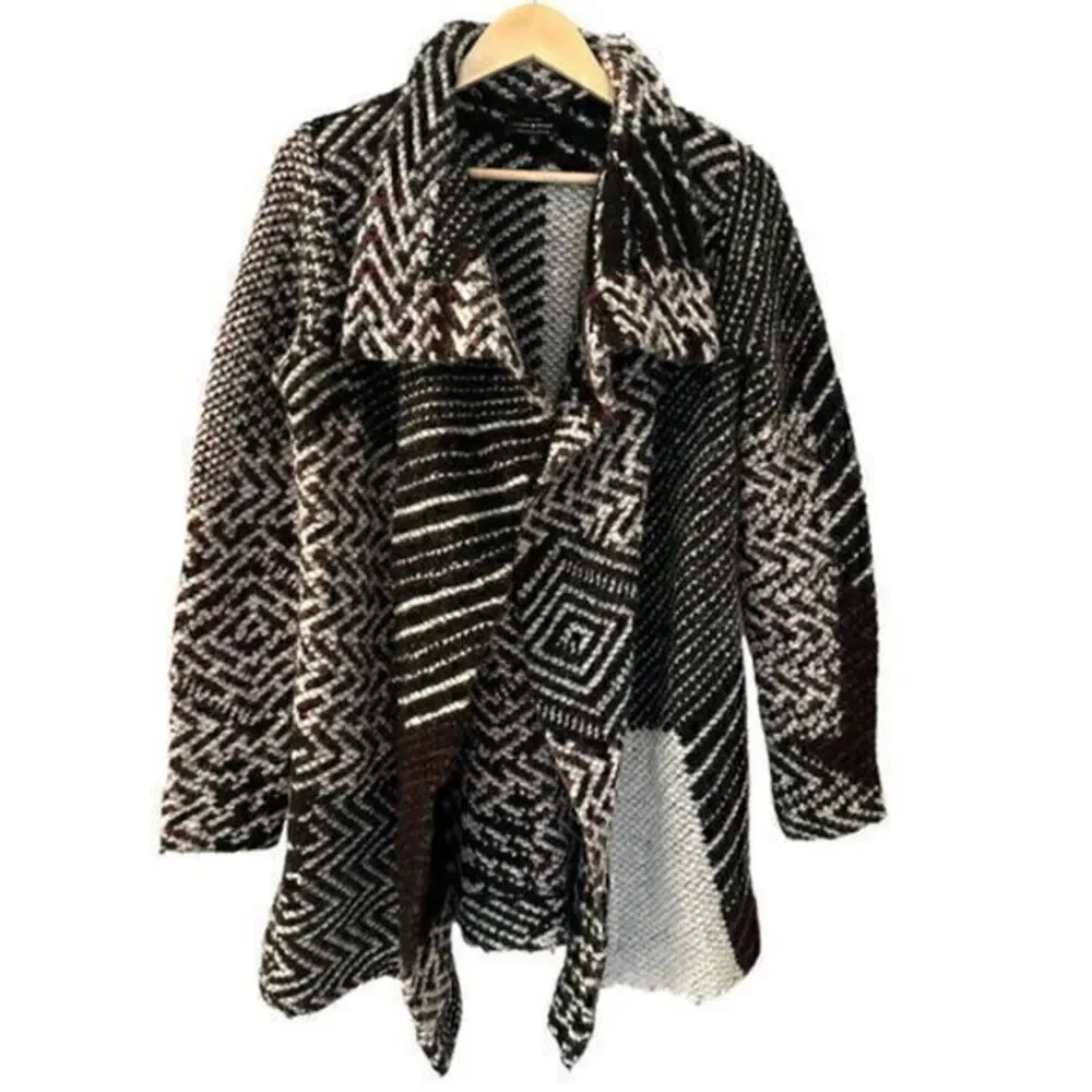 Lucky Brand Red Black White Wool Blend Chunky Aztec Open Cardigan Sweater Size S